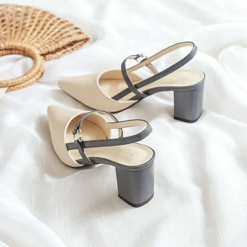 Shoes for Pumps Summer Elegant Chunky High Heels Pointed Toe Baotou Solid Ladies Shoes Female Sandals Zapatillas Mujer 2024