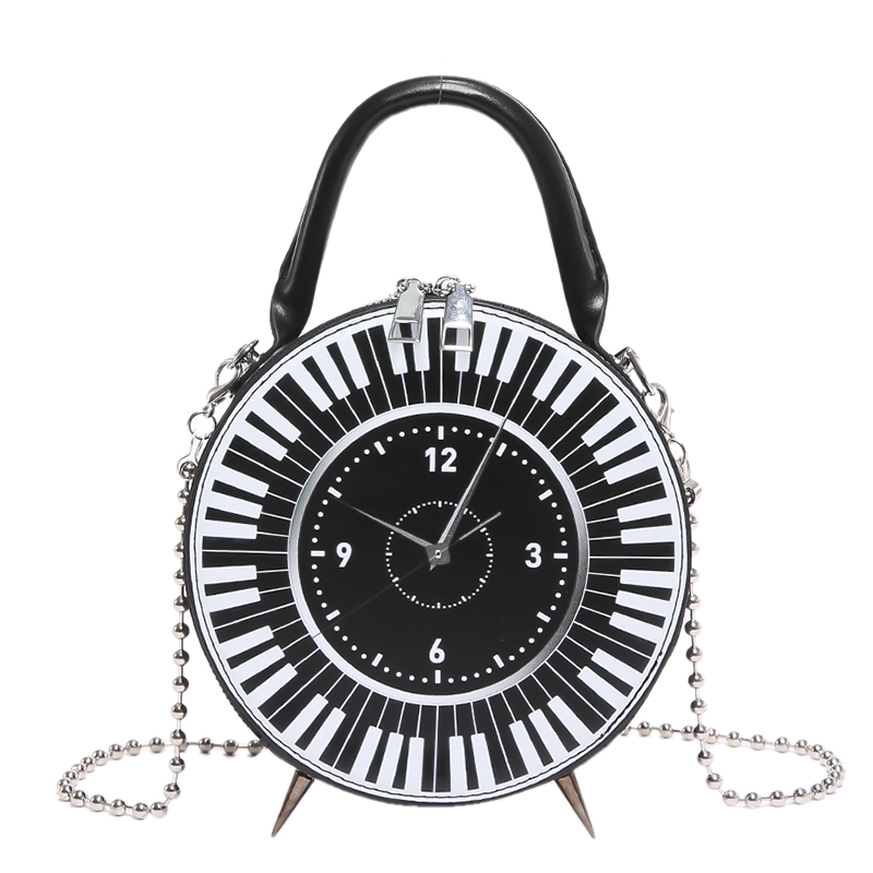 Women PU Retro Clock Dial Handbag Large Capacity Black White Piano Clock Shoulder Purse Clock Shape Crossbody Bag Top Handle Bag