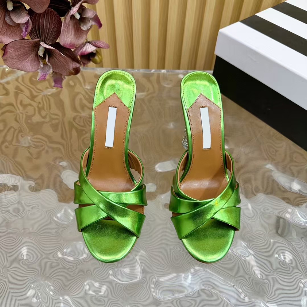 Rhinestone inlaid heel ladies slippers mules 105mm high-heeled shoes Genuine leather open toed sandals womens luxury designer slippers size (35-43)