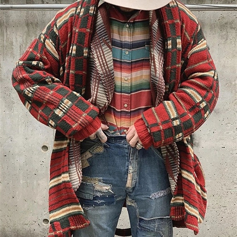 Autumn and Winter Mens Fashion Europe The United States Plaid Knit Cardigan Long Casual Loose Large Size Sweater Coat Men 241024