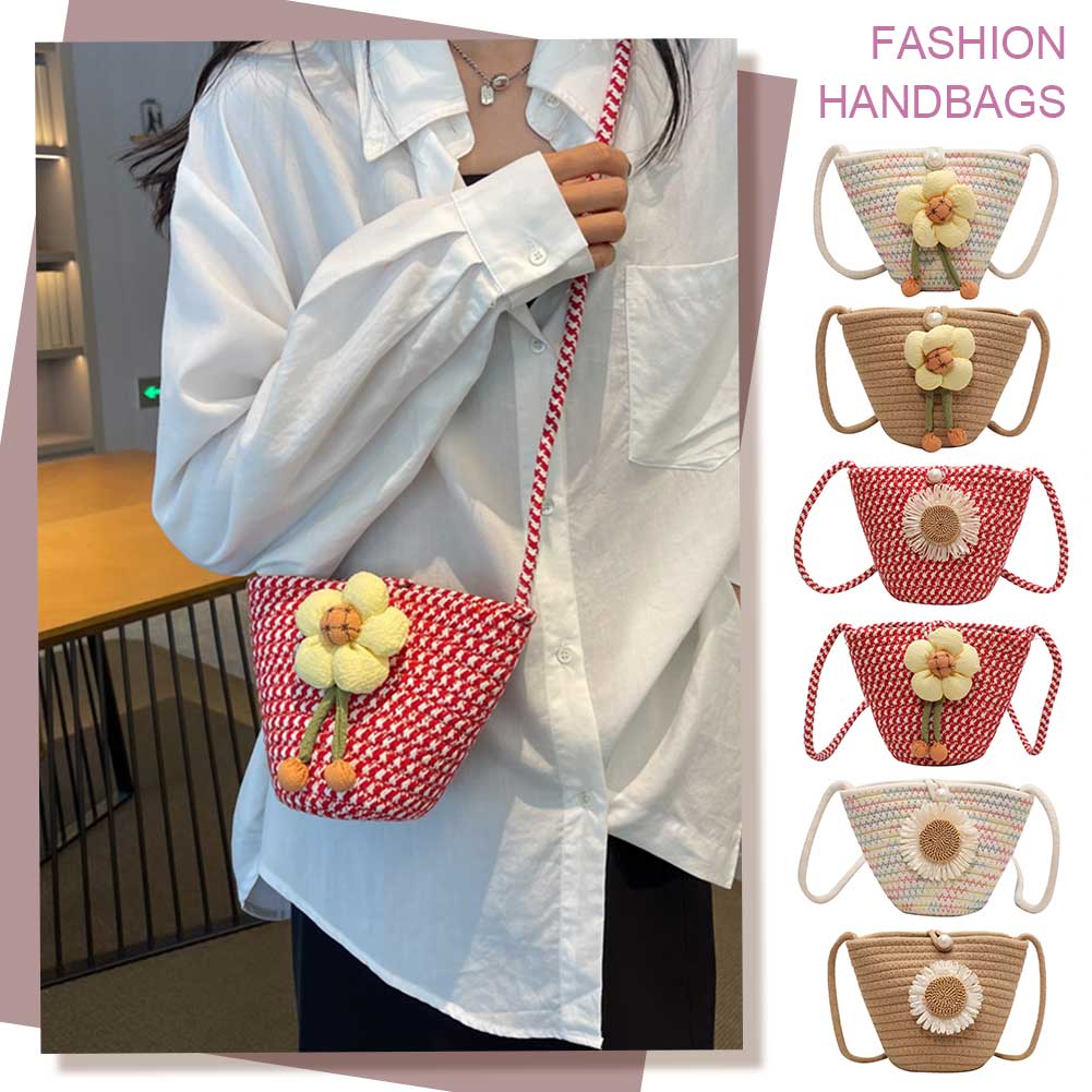 Women Bucket Bag Flower Straw Summer Beach Bag Casual Small Crossbody Bag Knitted for Travel Vacation