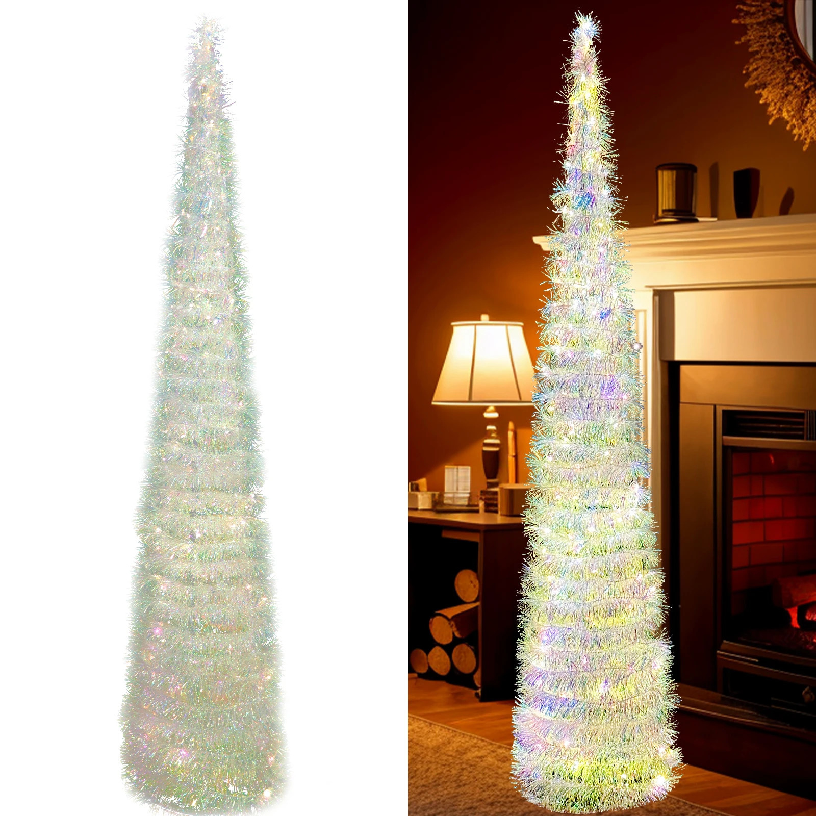5FT Collapsible Pop Up Christmas Tree Colorful Tinsel with 60 LED Warm Lights for Decorations Indoor 241107