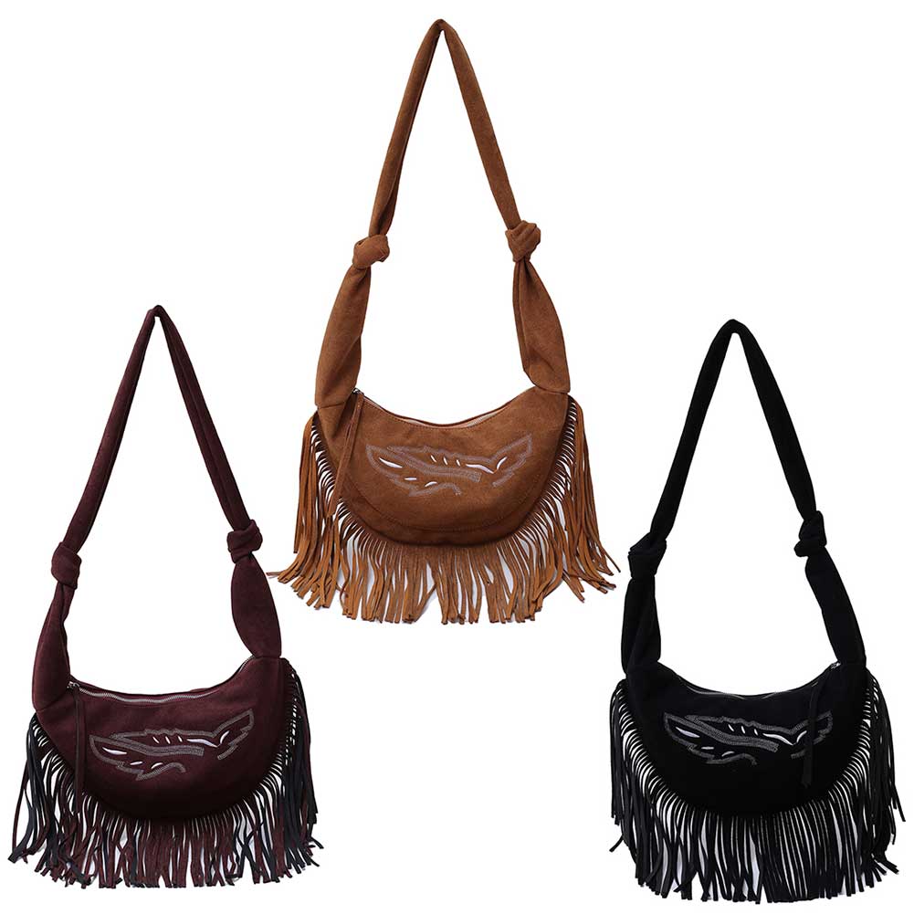 Women Suede Shoulder Bag Tassels Crossbody Bag Large Capacity Crescent Bag Trendy Hobo Bag for Commuting Travel