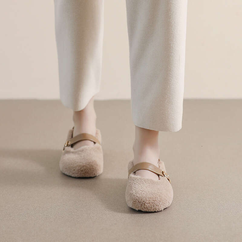 White Lambwool Flat shoes woman leather patchwork ankle belt masy janes winter fur flats round toe furry moccasins