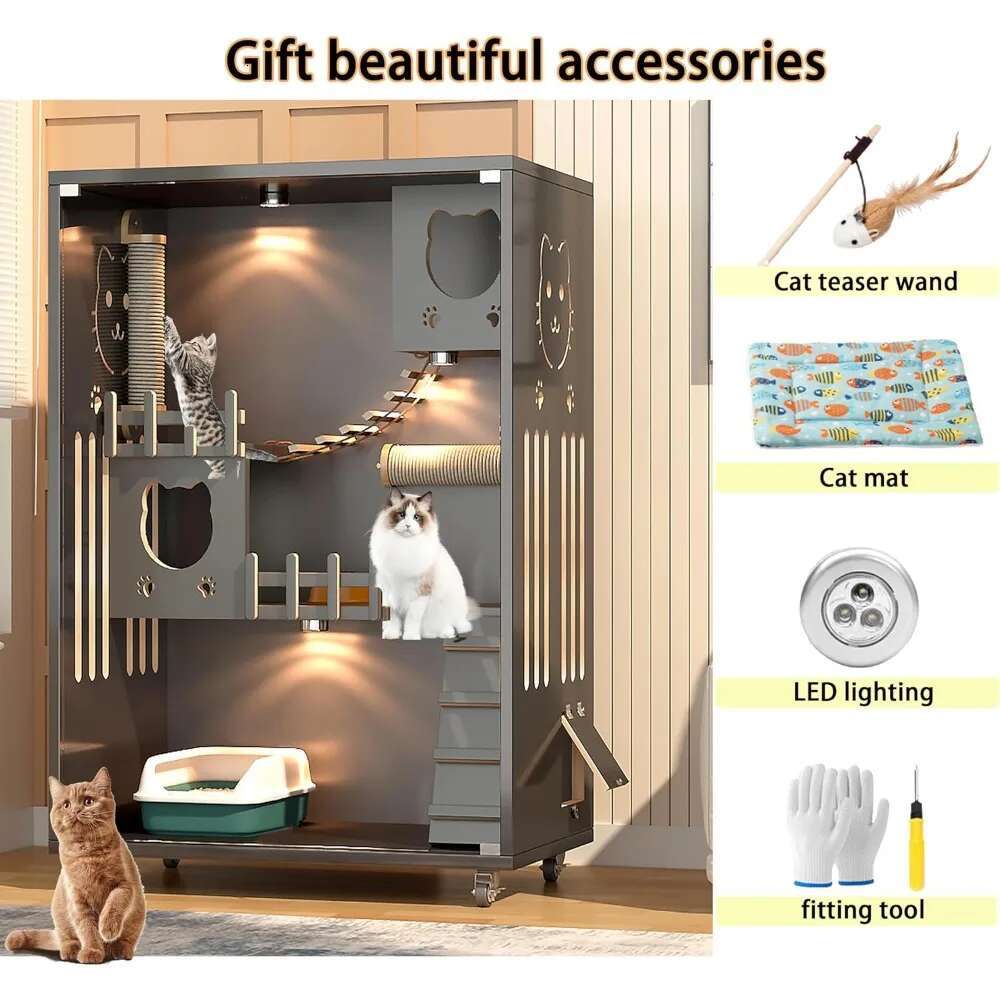 Wooden Enclosure, Indoor/Outdoor Cage Large Space,Multi-Feature Enclosed Cat for Indoor Cats Ventilation Doors