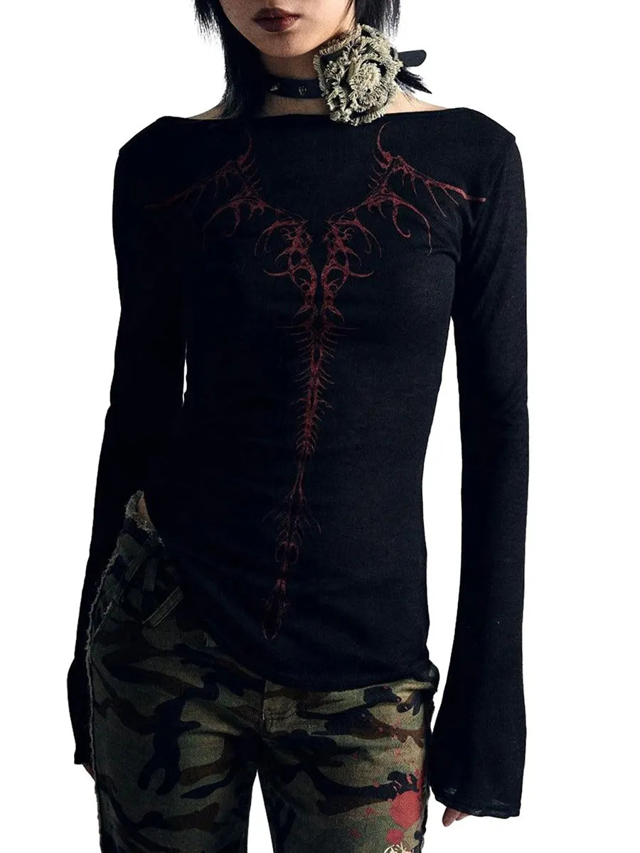 Women s Gothic Graphic Y2K Tee Tops Long Sleeve Casual Harajuku Aesthetic Floral T Shirts Slim Fit Blouse 90s EGirl Streetwear 241108