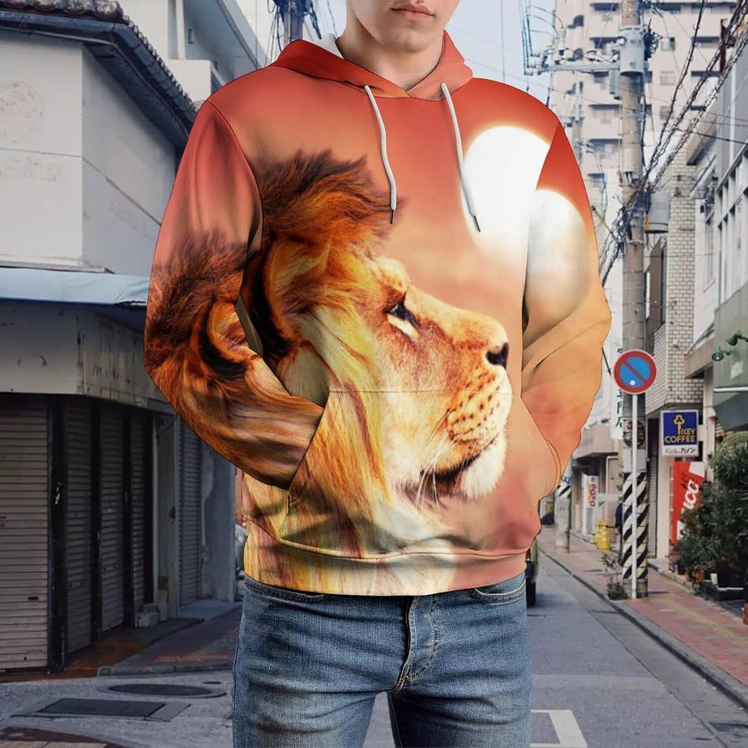 Hoodie for Mens Womens African Lion And Sunset in Africa Hoodies for Men 3D Print Pullover Hooded Drawstring Loose Sweatshirt with Big Pockets