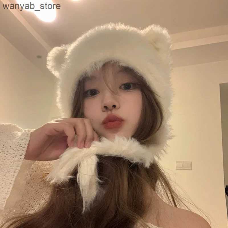 Beanie/Skull Caps Halloween Winter Plush Cute Cat Ears Beanies Women Pullover Hats Korean Ear Protection Strap Beanies Hat with Earflap Y2k Girl L2409