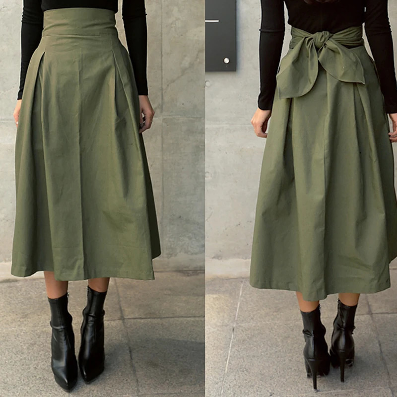 Autumn Black Skirts Womens Korean Fashion Solid Color Big Swing Female Skirt Long Wild High Waist Bow Slim 240403