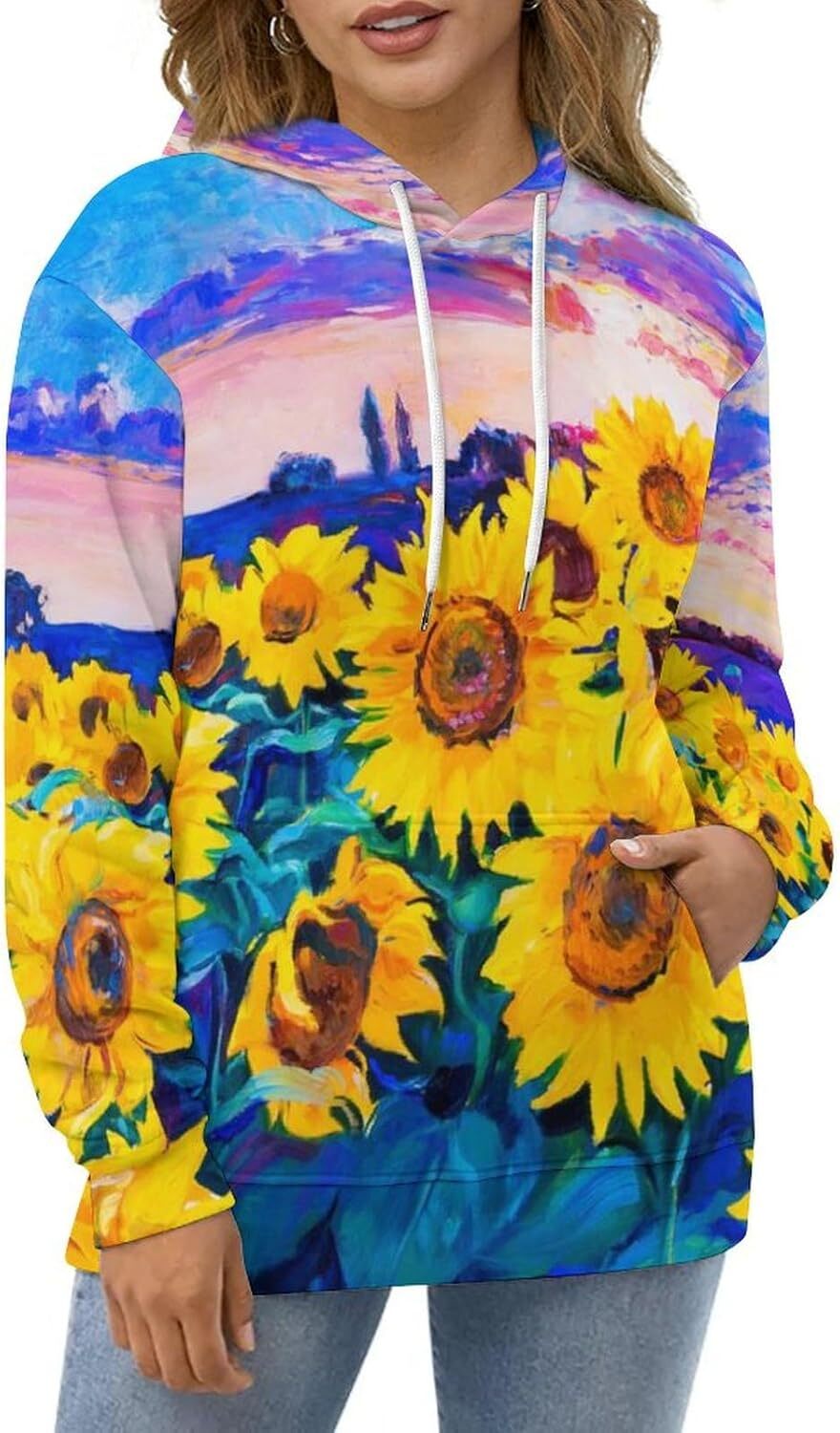 Hoodie for Original Oil Painting Sunflower Hoodies for Men 3D Print Pullover Hooded Drawstring Loose Sweatshirt with Big Pockets Graphic cool Trendy p