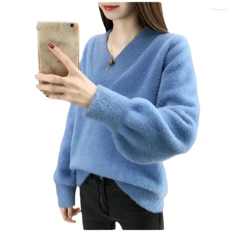 Women's Sweaters Winter V-Neck Sweater Pullover Loose Fit Korean Style Thickened Knit Outerwear Base Layer Top Trendy