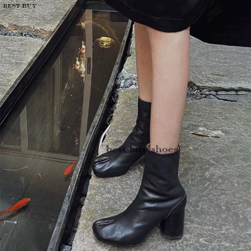 2024 Brand Design Tabi Split Toe Chunky High Heel Boots Leather Atos Mujer Fashion Autumn Women Men Shoes Botas