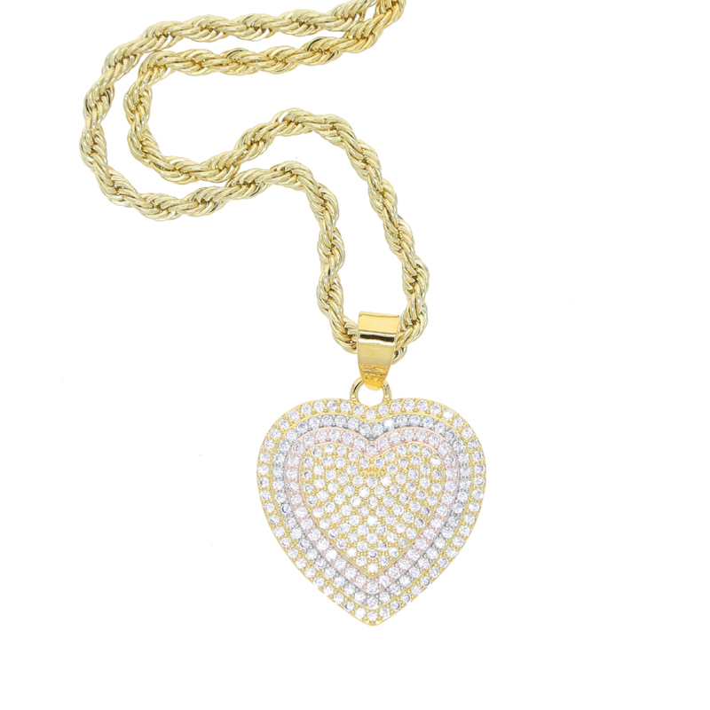 Bling Cz Paved Two Tone Color Heart Pendant Necklace Iced Out Shiny Cubic Zirconia Hip Hop Jewelry for Girls Women Man Boy Gift