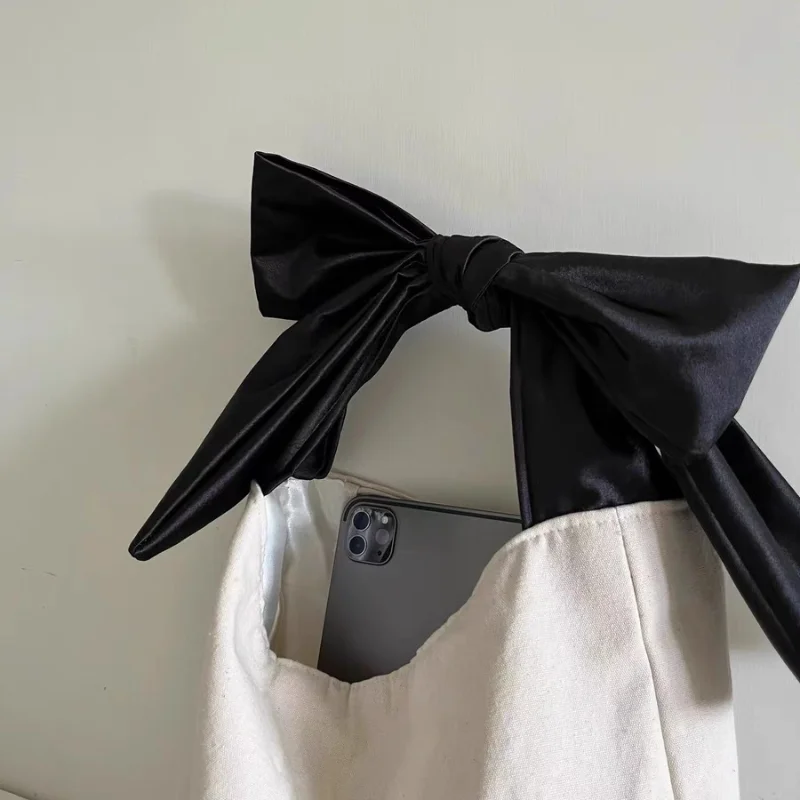 Shopping Bag Canvas Bag Large Capacity Tote Bag Women's Crossbody Bag Shoulder Bag Black and White Bow