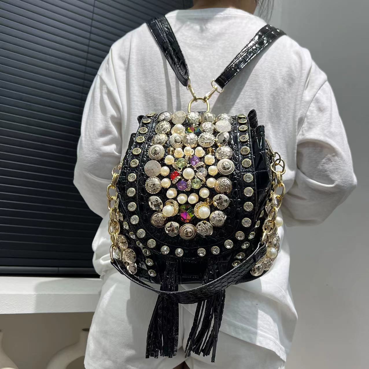 Women's Fashion Diamond Handbag Elegant Evening Beaded Light Luxury Backpack Crossbody Bag