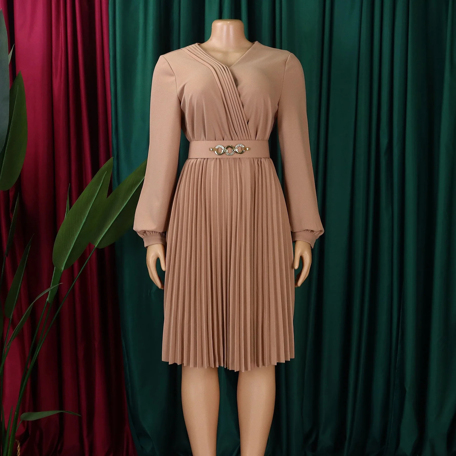 Elegant Dresses Woman y V Neck Full Sleeve Pleated Mid Calf Belt Waisted African Fashion Female Birthday Party Dress 241108