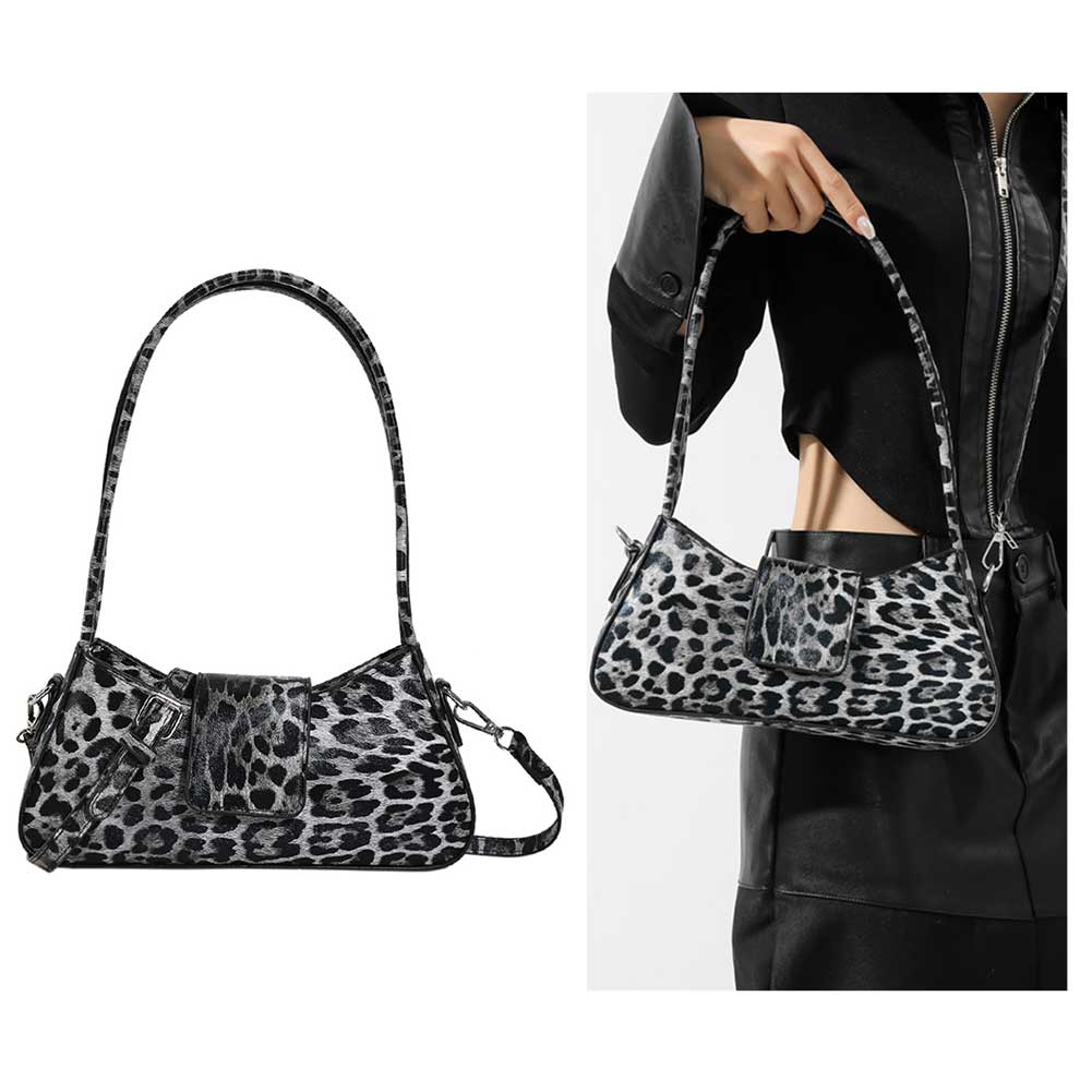 Women Leopard Print PU Leather Underarm Bag Top Handle Handbag Shoulder Bag