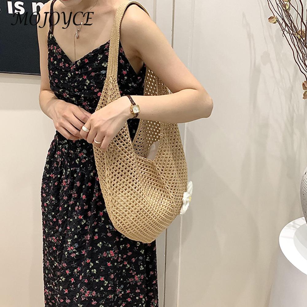 Women Crochet Tote Bag Mesh Shoulder Bag Solid Knit Bag Large Capacity Handbag for Vacation Travel Shopping