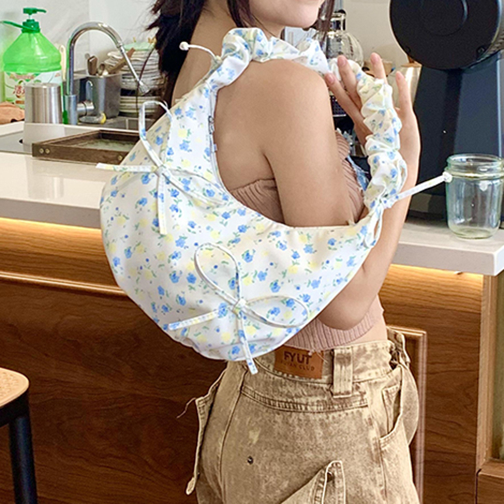 Shoulder Bag for Women Floral Crescent Bag Cloth Bowtie Hobo Bag Ruched Clutch Purse for Commuting Travel