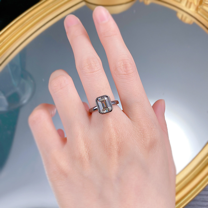 Genuine Authentic S925 sterling Silver Vintage Jewelry Asscher Cut Grey Black Moissanite Diamond Gemstones Party Eternity Elegant Women Wedding Band R