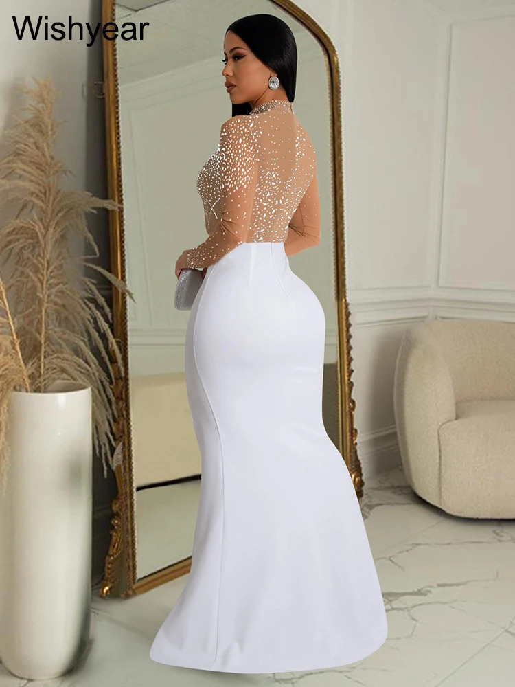 year Mermaid Evening y Dress Woman Elegant Wedding Party Mesh Patchwork See Through Long Sleeve High Split Prom Formal 241108