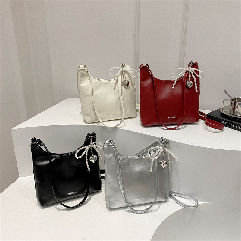 Women Fashion Shoulder Bag with Pendant Simple Tote Handbag Solid Color Shopping Sling Bag Female Commute Bag