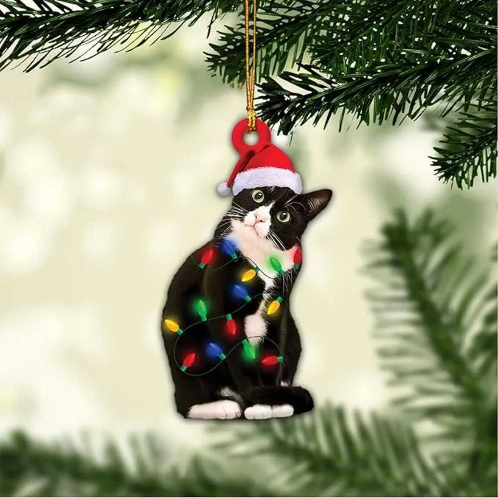 Charming Black Cat Christmas Ornament 2D Acrylic Hanging Decor for Tree Car Mirror Keychain Kid Xmas Gift Holiday Party SuppliesXJ241107