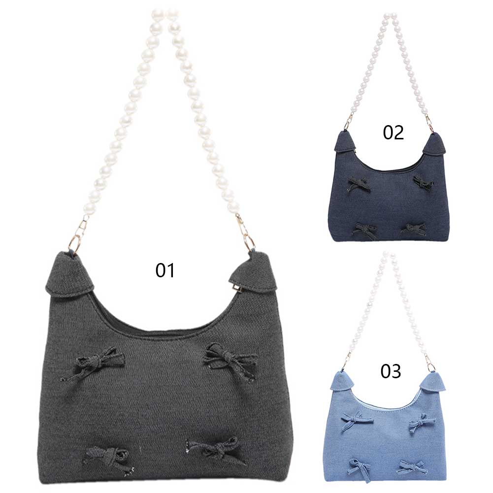 Denim Shoulder Bag Bowknot Women Crescent Bag Pearl Decor Chain Strap Tote Purse for Work Travel