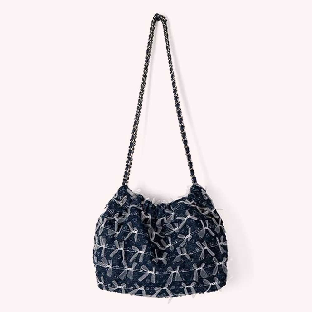 Women Denim Bucket Bag Pleated Crossbody Bag with Chain Shoulder Bag Hobo Bag for Work Travel
