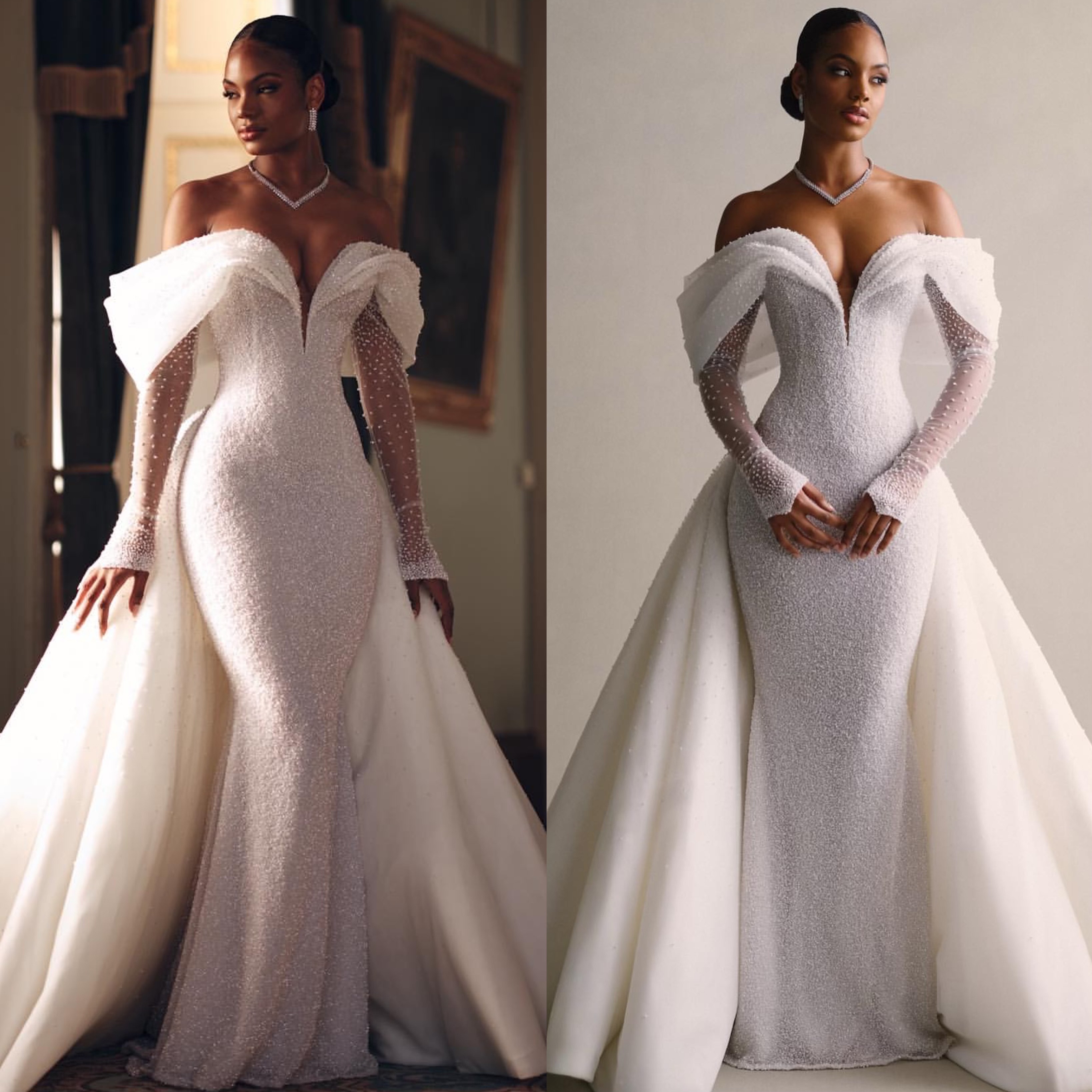 Beaded Mermaid Wedding Dress with Off-Shoulder Sleeves & Sweep Train - 2025 Bridal Gown