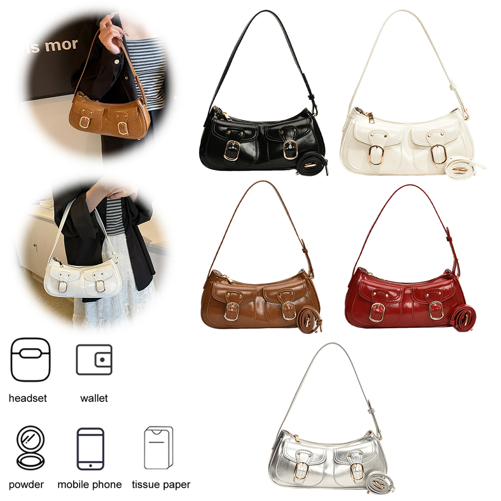 Women Double Pockets Shoulder Bag Adjustable Strap Fashion Crossbody Bag Solid Color Casual Satchel Bag Female Commute Bag