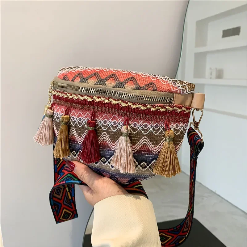 The New Bohemian Ethnic Style Wide Strap Braided All-in-one Tassel Bucket Slant Shoulder Bag for Women العاب جنسيةللازواج