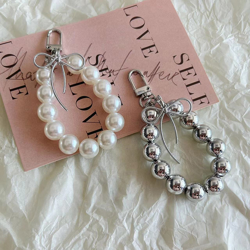 Cute Bow Pearl Ring Keychain Pendant Sweet Pearl Mobile Phone Chain Backpack Decoration Accessories
