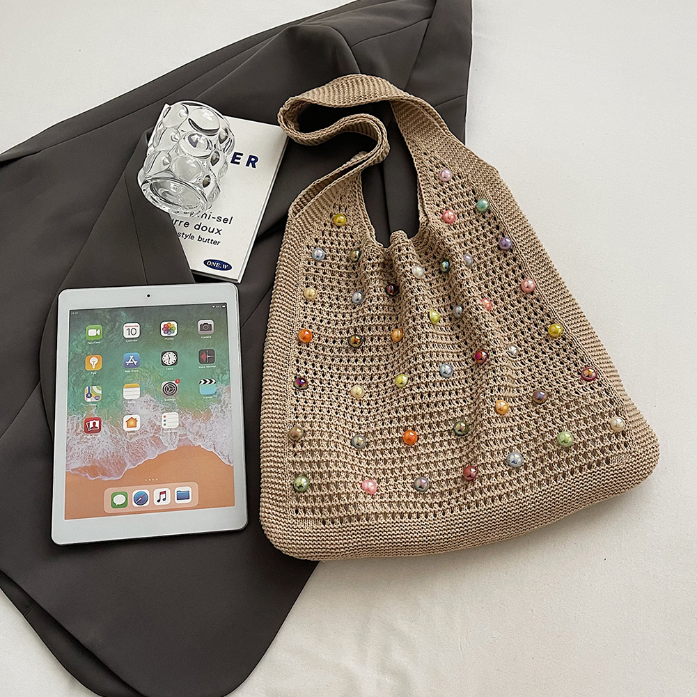Women Crochet Shoulder Bag Simple Commuting Bag Large Capacity Fashion Tote Handbags with Colorful Pearls Outdoor Travel Bag