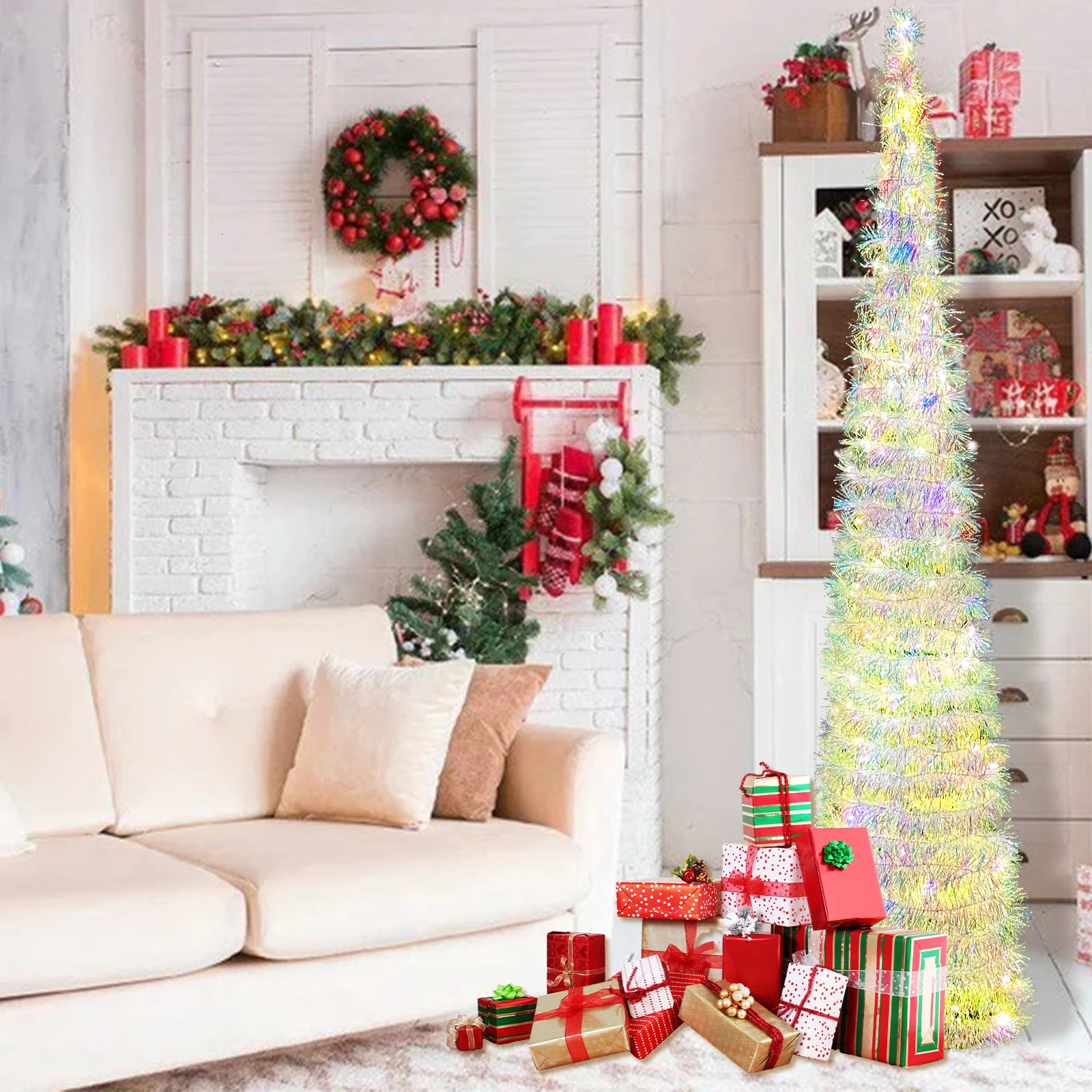 5FT Collapsible Pop Up Christmas Tree Colorful Tinsel with 60 LED Warm Lights for Decorations Indoor 241107