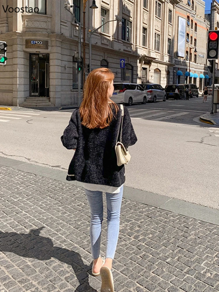 Lanjia- White Mink Cashmere Sweater Coat Women Autumn Winter Lazy Style Korean Retro Black Loose Oneck Knitted Cardigan Fashion Outwear 241108 2Bf74