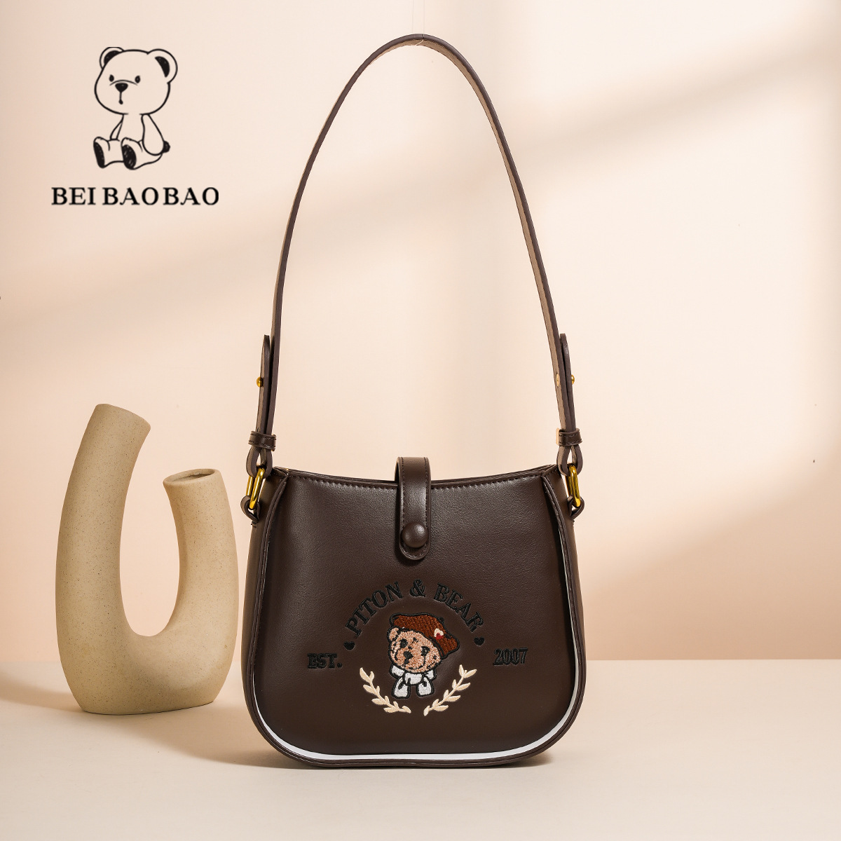 Beibaobao 2024 New Fashionable Trendy Single Shoulder Crossbody Bucket Casual Cartoon Bear Retro Texture Women's Bag