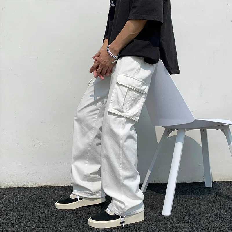 Black/white Casual Pants Mens Fashion Loose Straight Wide Leg Pants Men Streetwear Hip-hop Pocket Cargo Pants Mens Trousers LX241107
