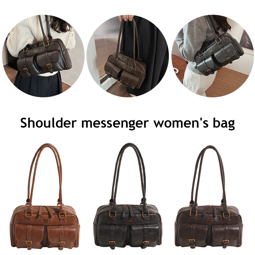 Boston Tote Bag for Women with Multi-Pockets Handbag PU Leather Vintage Solid Clutch Purse for Travel Work