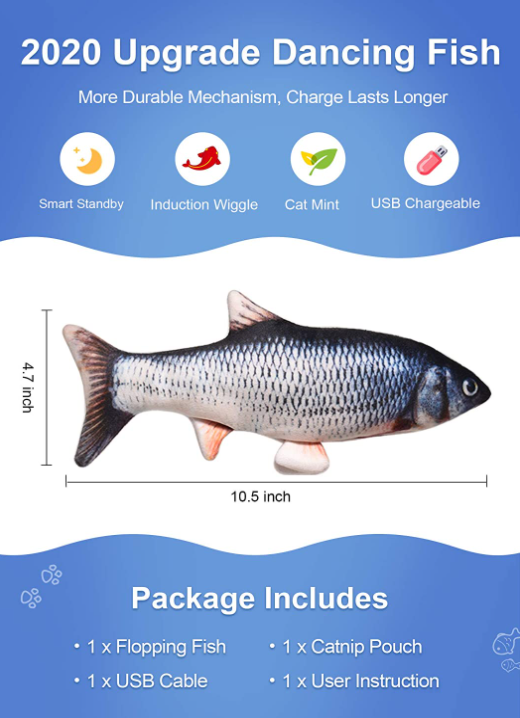Electric fish toy for cat, Rechargeable Realistic Flopping Fish with Catnip, Interactive Cat Toys Plush