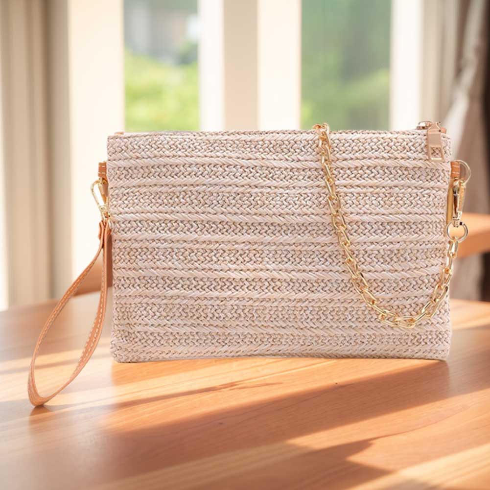 Summer Woven Wristlet Wallets with Chain Strap Wristlet Strap Fashion Handbag Messenger Bag Crossbody Bag for Women