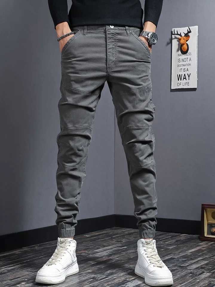 Mens Cotton Gray Cargo Pants Autumn Tactical Casual Stretch Slim Fit Trousers LX241107