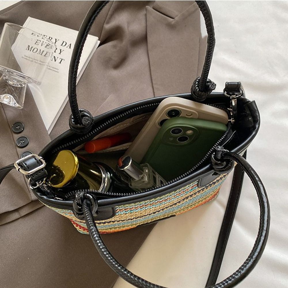 Cute Shoulder Bag Weave Straw Bag Hollow Out Crossbody Bag Beach Bag Bucket Bag Bohemian Style Rainbow Color Handbag Girls