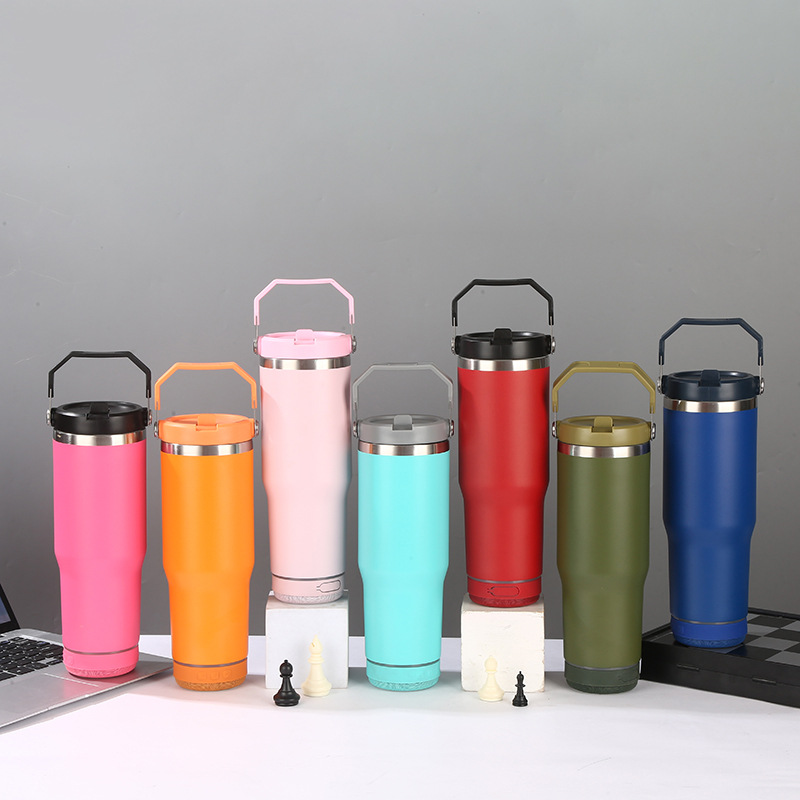 Portable colored Powder Coated 30oz Speaker Flip Straw Travel Mug Durable BPA Free Stainless Steel Sports Cup with Carry Handle