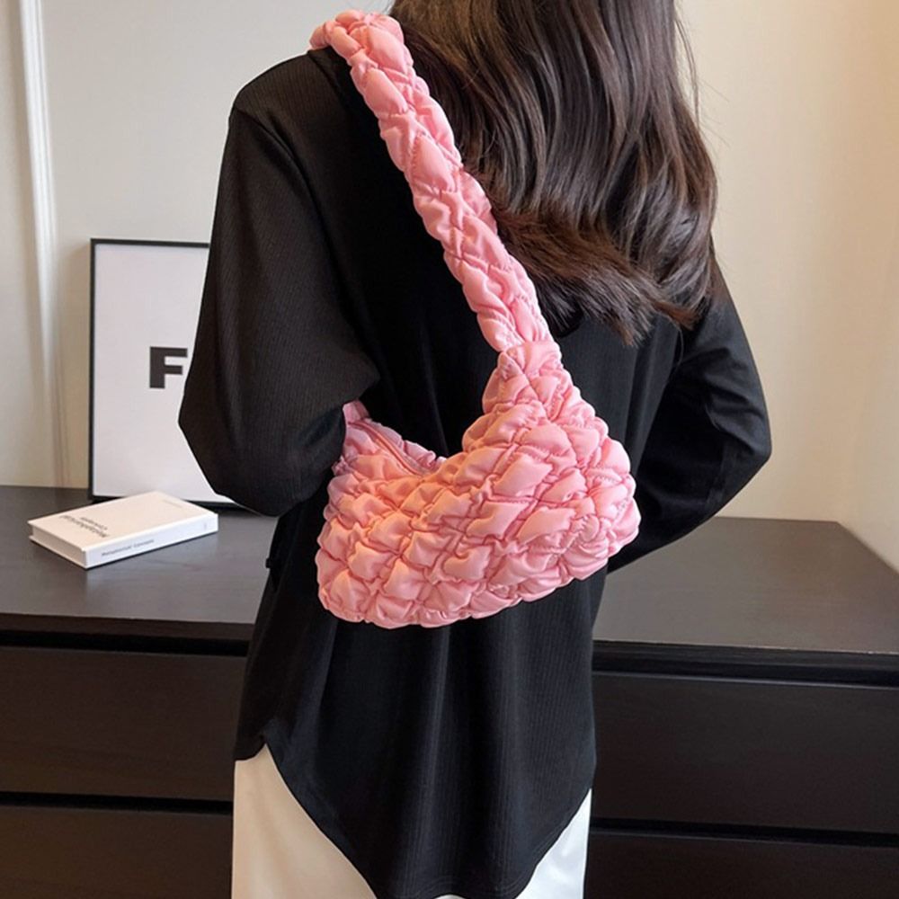 Women Plaid Quilted Crossbody Bag Solid Color Shoulder Bag Cute Pleated Bubbles Embroidered Cotton Satchel Bags Underarm Bag