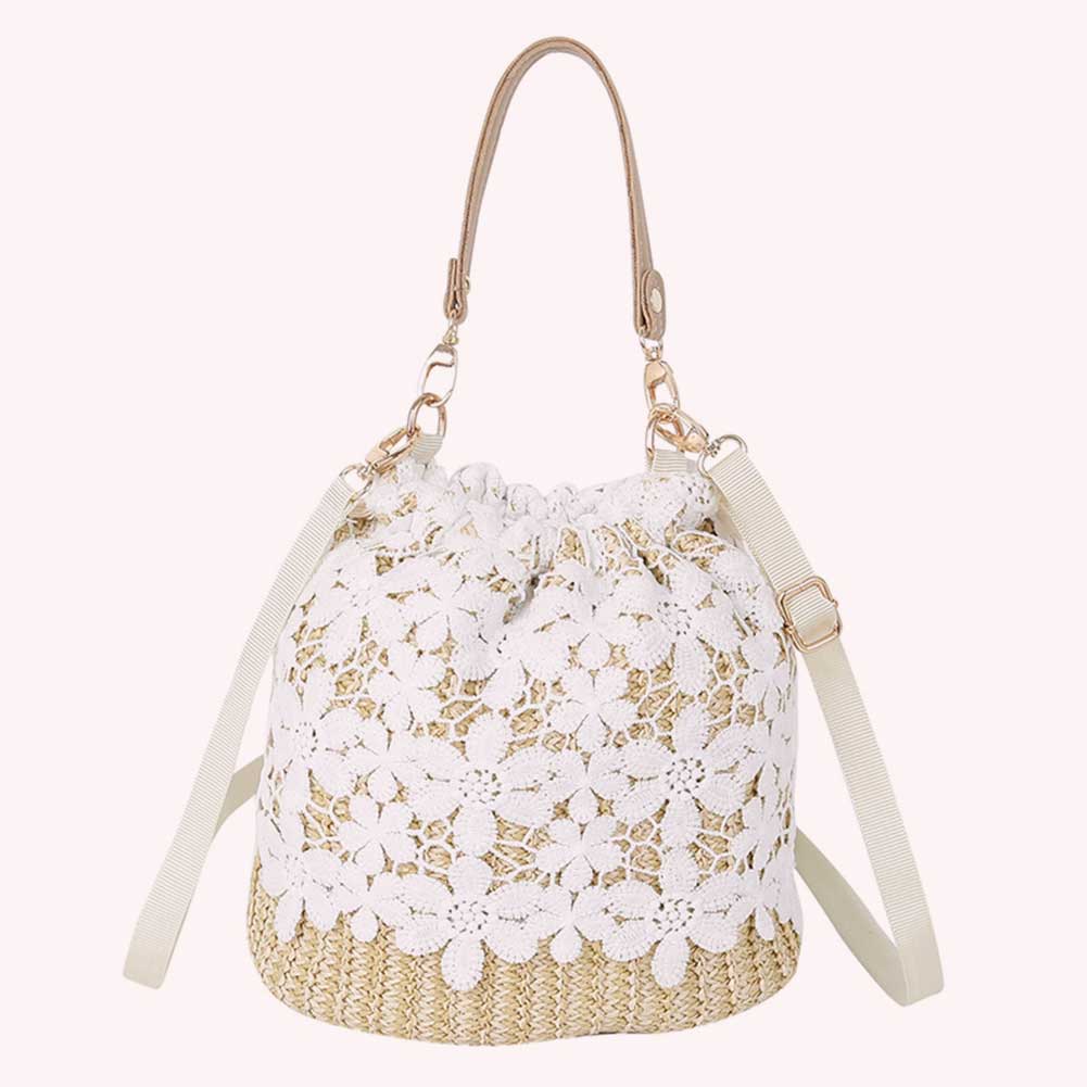 Women Lace Woven Bucket Shoulder Bag Straw Messenger Bags Summer Lady Beach Bag
