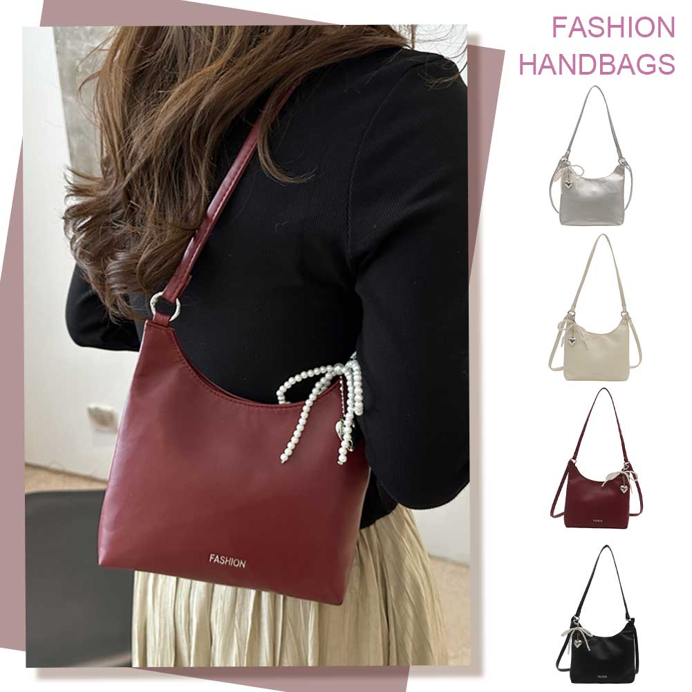 Women Fashion Shoulder Bag with Pendant Simple Tote Handbag Solid Color Shopping Sling Bag Female Commute Bag