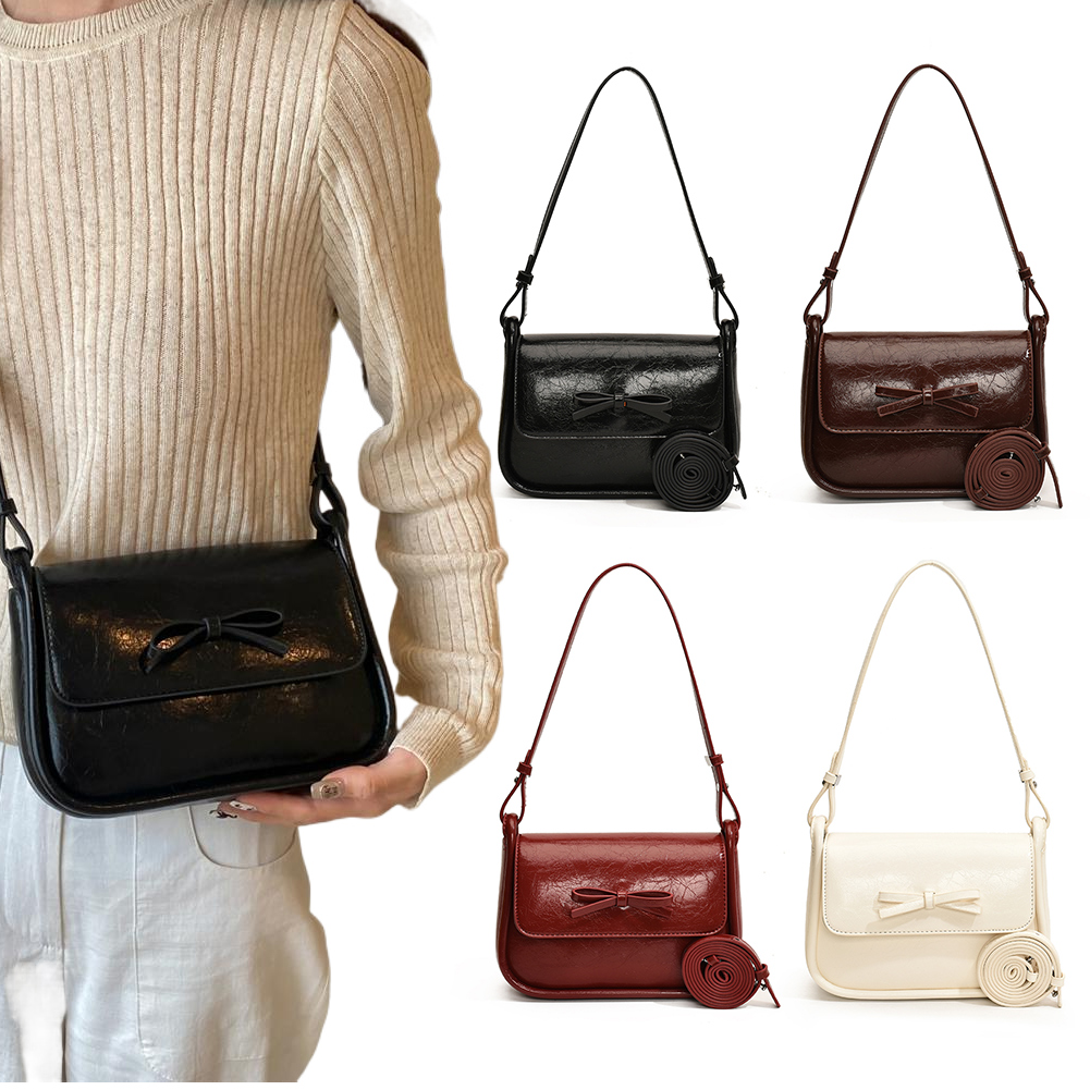 Women Retro Shoulder Bag PU Leather Bow Vintage Crossbody Bag Solid Color Simple Armpit Bag Girls Dating Bag