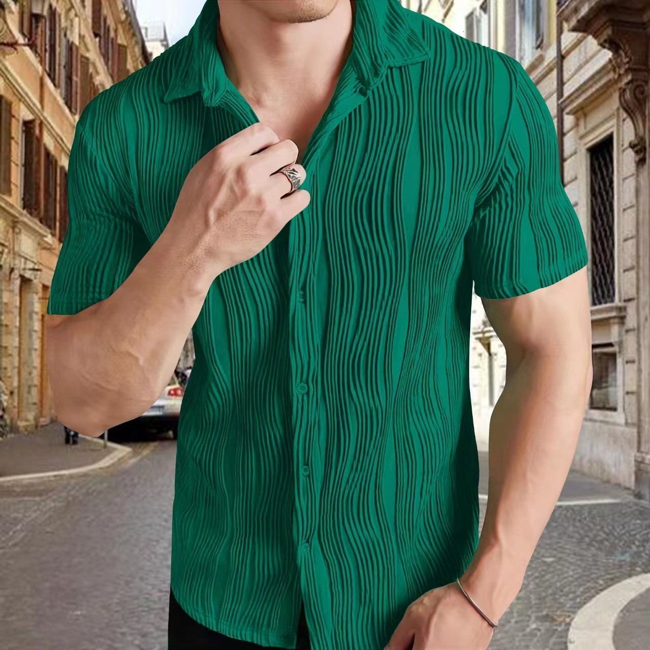 Mens Solid Color Wave Textured Button Up Short Sleeves Shirt 240816