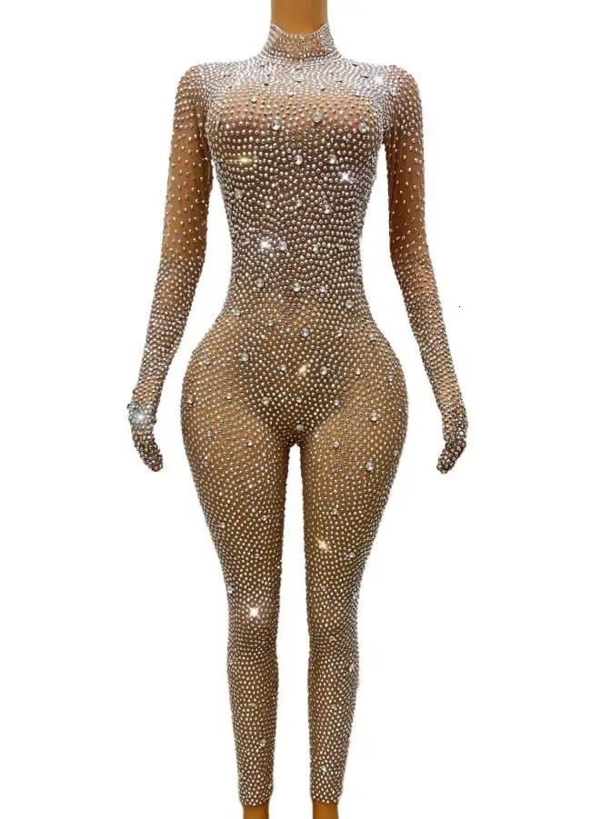 Shining Silver Stones Gloves Bodysuit Transparent Mesh s Pants Birthday Celebrate Outfit Women Singer Costumes 240327